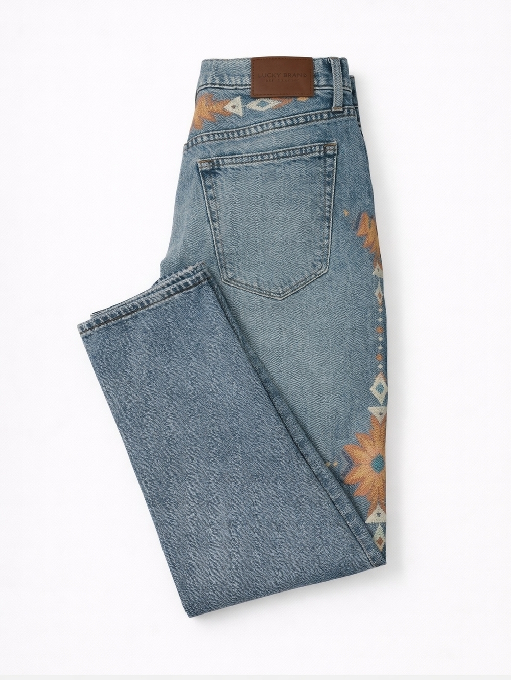 Lucky Brand~Womens Drew High Rise Mom Jeans~Western Aztec Embroidery~Blue~10/30 - Picture 3 of 12
